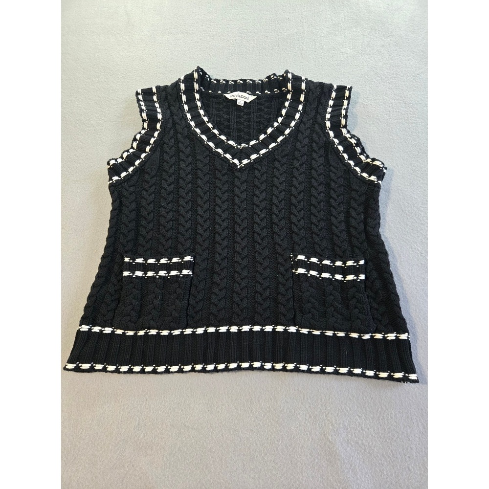 Davi & Dani Sweater Vest Womens Small Black Cable Knit V-Neck Pocket Whipstitch